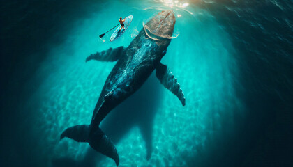 A dramatic aerial view of a paddleboarder next to a massive whale swimming beneath clear turquoise waters, evoking awe and wonder