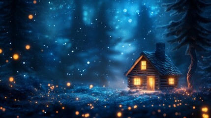 Fototapeta premium Enchanted cabin glowing in a snowy forest at night
