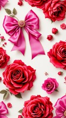 Vintage postcard with pink roses and bows on lace background