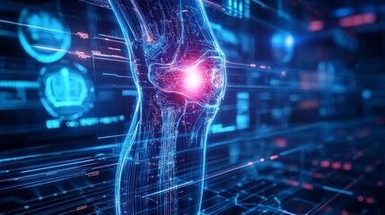 Obraz premium Futuristic knee X-ray, neon holograms and digital medical data surrounding the joint, sleek tech-lab setting, high-tech, glowing blue lights