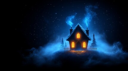 Enchanted cottage illuminated under a starry night sky