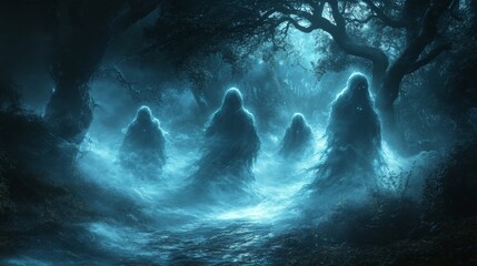 Ethereal spirits emerging from a misty forest at night