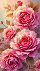 Fototapeta premium Vintage postcard with pink roses and bows on lace background