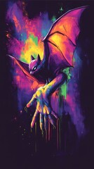Obraz premium A vibrant bat creature emerging from a colorful hand, showcasing a surreal design.