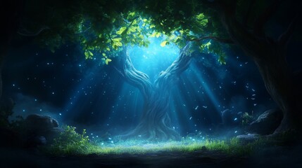 Enchanted tree illuminated by ethereal light in a mystical forest