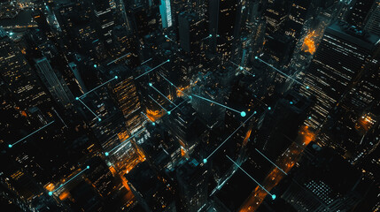 Smart digital Innovation city with connection network reciprocity over the cityscape. of future smart wireless digital city and social media networking systems that connects people with in city