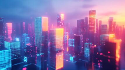 Fototapeta premium Futuristic digital cityscape made of glowing cubes AI generated image