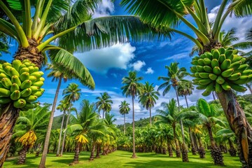 Naklejka premium Green Bananas and Palm Trees in Hallim Park, Jeju Island - A Lush Tropical Paradise