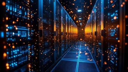 An illuminated data center with holographic connections linking multiple server units, casting a futuristic glow on the sleek black floor. 