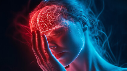 Naklejka premium Frau hält sich den Kopf Schmerzen Gehirn leuchtet Blitz im Kopf Hologramm Brennender Kopf Generative AI