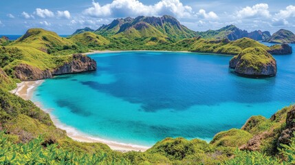 Fototapeta premium Scenic coastal landscape with lush hills and clear blue waters.
