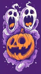 Fototapeta premium Playful Halloween ghosts and a grinning pumpkin on a vibrant purple background.