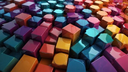 Abstract background of colorful glossy cubes and cylinders.