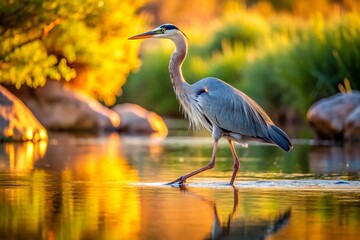 Naklejka premium Grey Heron Walking in Golden Hour at Salt River, Mesa Arizona - Nature Photography