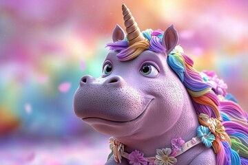 A whimsical, colorful unicorn with a joyful expression, adorned with a floral necklace and vibrant mane, set against a dreamy, pastel background.