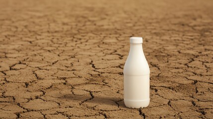A lonely milk bottle standing on cracked dry earth, highlighting environmental issues and drought.