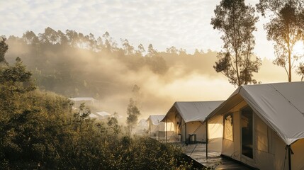 Serene Morning at Glamping Tents in Nature