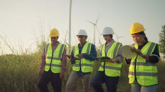 A group of workers in safety vests are walking through a field. They are carrying books and wearing hard hats