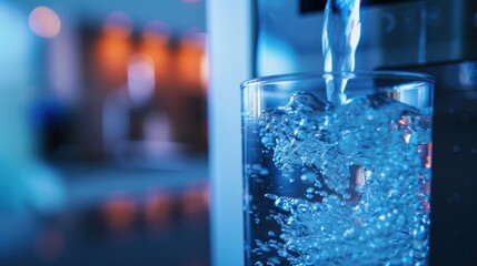 Fresh water pouring into a glass, creating bubbles with a blurred background.
