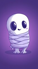Obraz premium Cute cartoon ghost character wrapped in purple bandages against a vibrant purple background.