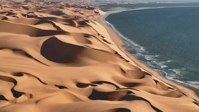Aerial drone view of the Namib dunes close to the ocean shore beaches on a beautiful day of adventure at sunset, Namibia, Africa