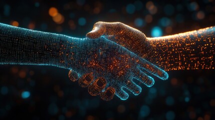 Digital handshake with glowing cyber particles, AI generated image