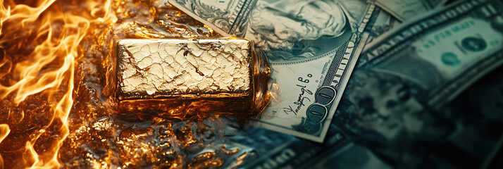 Dramatic Scene of a Gold Bar Melting into Liquid Gold as Dollar Bills Catch Fire, Symbolizing Financial Turmoil