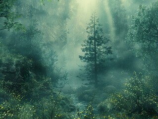 Obraz premium Misty Forest with Sunbeams and River - Tranquil Nature Photography