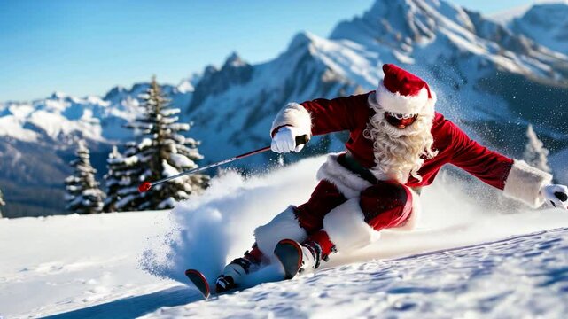 Santa Claus skiing down a snow-covered mountain, carving through fresh powder in an action-packed downhill ride. Video made using Generative AI.