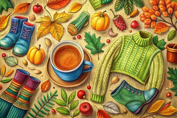 Fototapeta premium Hand-Drawn Autumn Doodles: Rubber Boots, Sweaters, Tea Cups, and More Cozy Fall Sketches for Seasonal Designs and