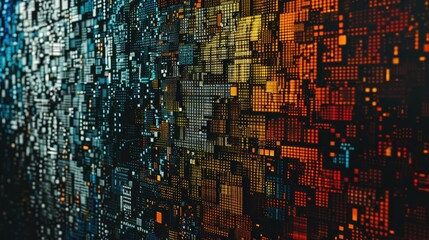 A colorful, abstract image of a cityscape with many small squares and dots