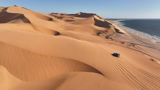 Aerial drone view of a 4x4 car driving fast through the high dunes on a beautiful sunset in Sandwich Harbour, Namibia, Africa