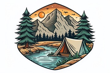 Handdrawn Camping Badge Design for T-Shirts and Posters with Mountains, River, and Tent Illustration