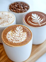 Four Coffee Cups with Latte Art on Wooden Board