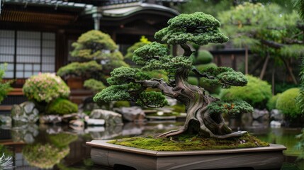 Fototapeta premium A large tree with a small trunk sits in a pond