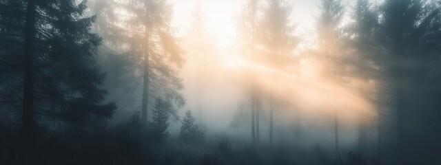 Fototapeta premium Foggy forest morning, towering trees shrouded in mist, gentle light filtering through, serene and tranquil atmosphere enveloping the scene