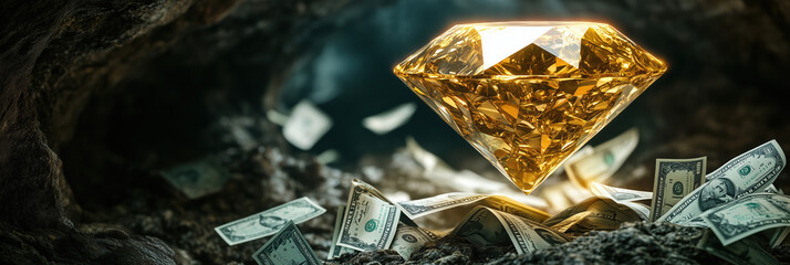 Stunning Gold Diamond Shimmering in a Mysterious Cave Surrounded by Fluttering Dollar Bills Resembling Bats, Featuring Copy Space on the Walls