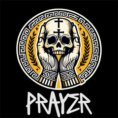 Illustration vector graphic of prayer hand with skull head isolated black background