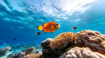 Fototapeta premium Breathtaking underwater scene showcasing a vibrant coral reef teeming with schools of colorful fish swimming gracefully among the diverse coral formations