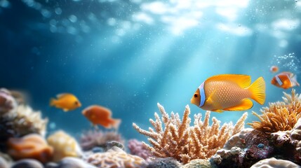Obraz premium Stunning underwater scene showcasing a vibrant coral reef ecosystem filled with schools of diverse and colorful fish swimming among the intricate coral formations