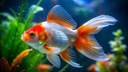 Fototapeta premium Close-Up of Oranda Goldfish in an Aquarium Fish Tank