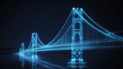 Obraz premium Golden Gate Bridge in San Francisco, California: A futuristic digital illustration with illuminated cables towers over dark water.