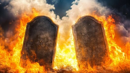Old tombstones amidst raging fire in dramatic scene of destruction.