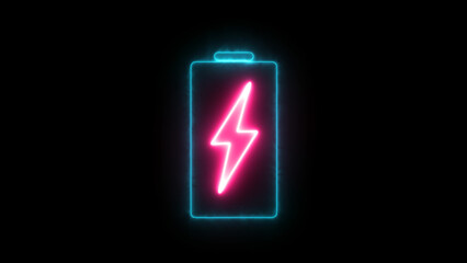 Neon glowing battery charging icon animated on a black background.