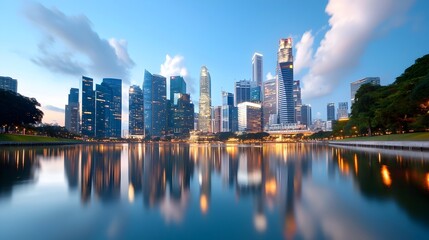 Obraz premium A captivating nighttime shot of a futuristic modern cityscape with towering skyscrapers and lights reflected perfectly in the still waters of a tranquil river