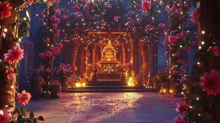 A serene morning scene of a Navratri temple decorated with flowers and lights