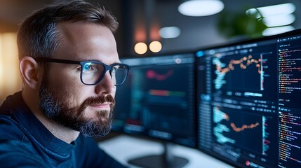 A sleek and modern high tech workspace featuring multiple monitors displaying complex data analysis and futuristic user interfaces showcasing the power of technology in professional settings
