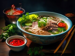 Traditional Vietnamese Soup Pho Bo with Rice Noodles, Beef and Herbs, Asian Cuisine