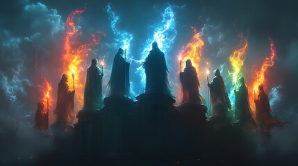 A council of hooded wizards gathered in a circle, each holding a staff glowing with a different colored energy, high atop a tower with swirling magical winds