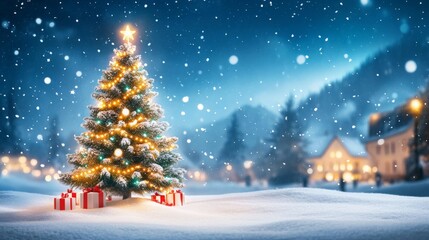 Obraz premium Enchanting Christmas tree in a snowy winter landscape